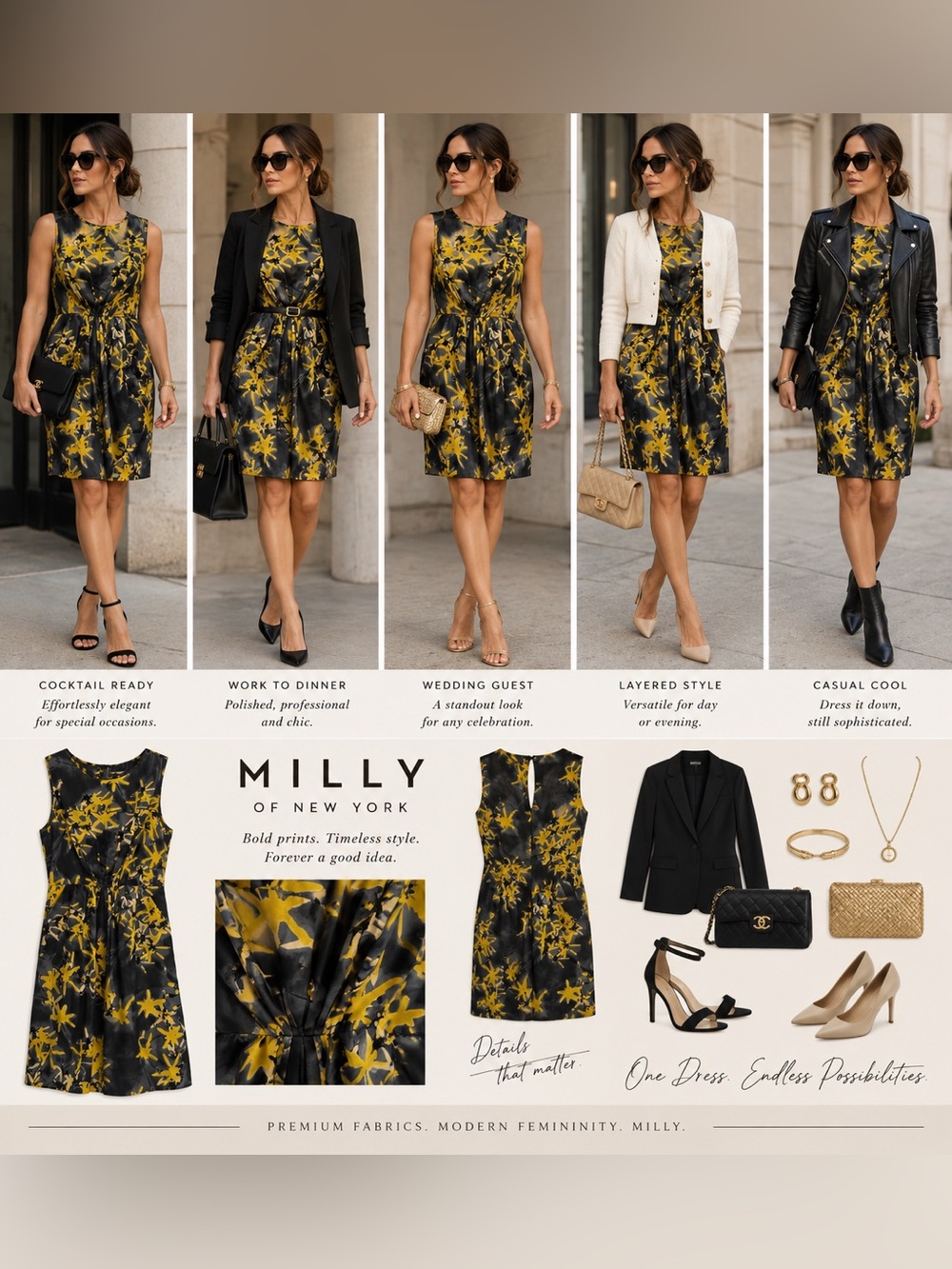 Milly of New York Silk Abstract Floral Dress Size 8 Black Yellow Pleated